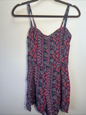 BOHO Hollister Navy Floral Print Jumpsuit with Pink & Orange Accents